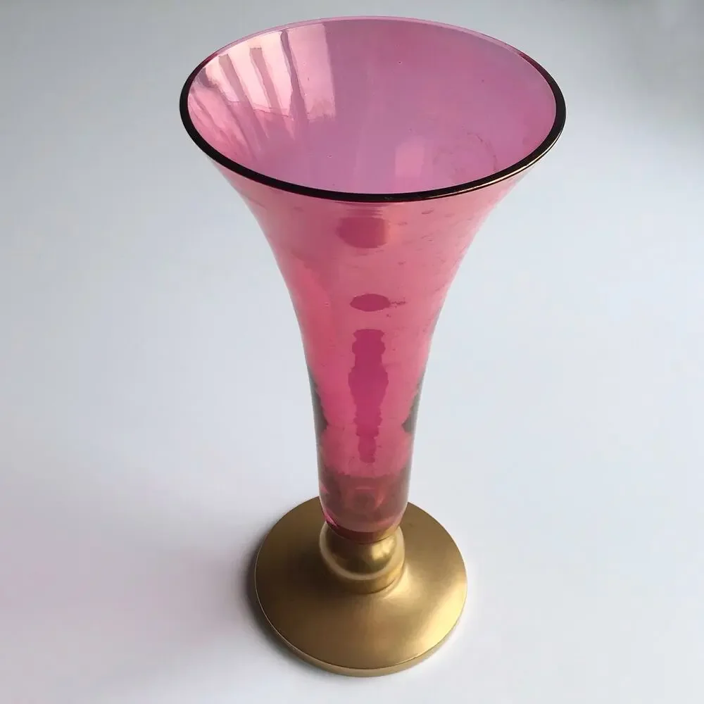 Vintage Gold Red Fluted Glass Vase MCM Home Decor Dark Romantic - Picture 1 of 7